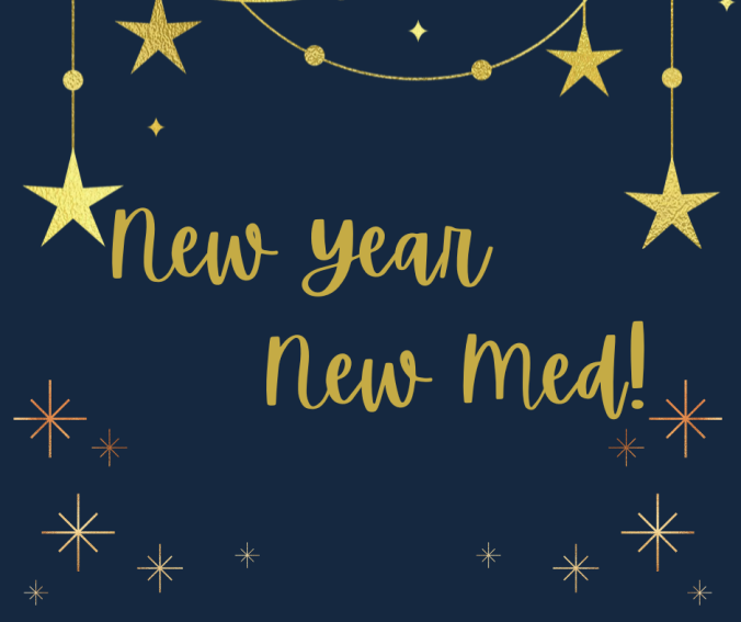 Black background with gold stars New Year New Med