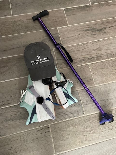 Pain\r of Kizik shoes, purple cane, Living Beyond Breast Cancer Hat, Headphones